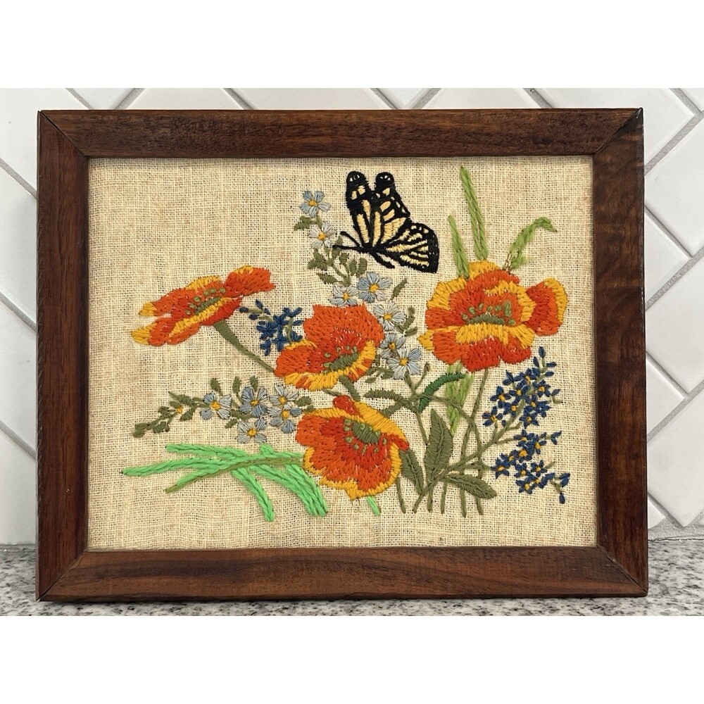 Vintage Handmade Embroidered Floral Butterfly Wooden Key Box Holder 8x10